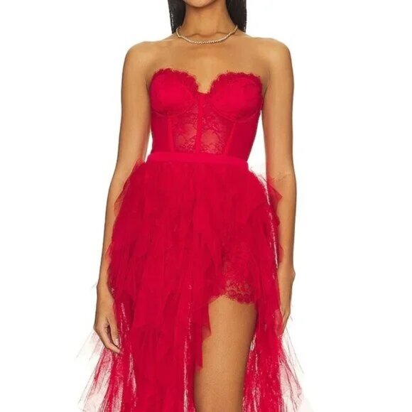 NWT FOR LOVE & LEMONS BUSTIER RED TULLE & LACE STRAPLESS GOWN DRESS SIZE XS - Picture 2 of 11